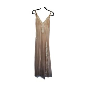 Vtg Intime California Sheer Chiffon Nude Lace Split Peignoir Glam Night Gown XS